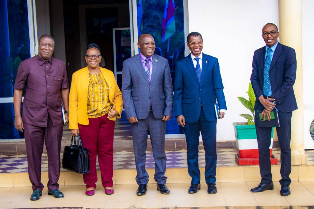 From left to right: GBGM Missionary Patrick Abro; Ms. Godelieve Manirakiza, Director of the Humanitarian Department; the Minister of Home Affairs, Public Security, and Community Development; Bishop Emmanuel Sinzohagera, Resident Bishop of the Burundi-Rwanda Episcopal Area; and Rev. Ladislas Niyiragira, Executive Assistant to the Bishop, during the launch of The United Methodist Church’s humanitarian project for Congolese refugees in Musenyi.
